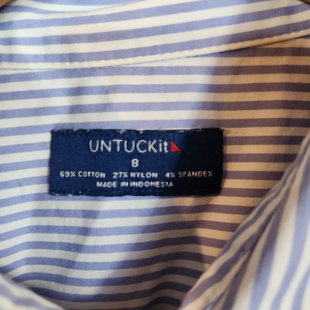 UNTUCKIT Women Blue White Pinstripe Front Tie Shirt Dress 8 Long Sleeve Button - Picture 5 of 10